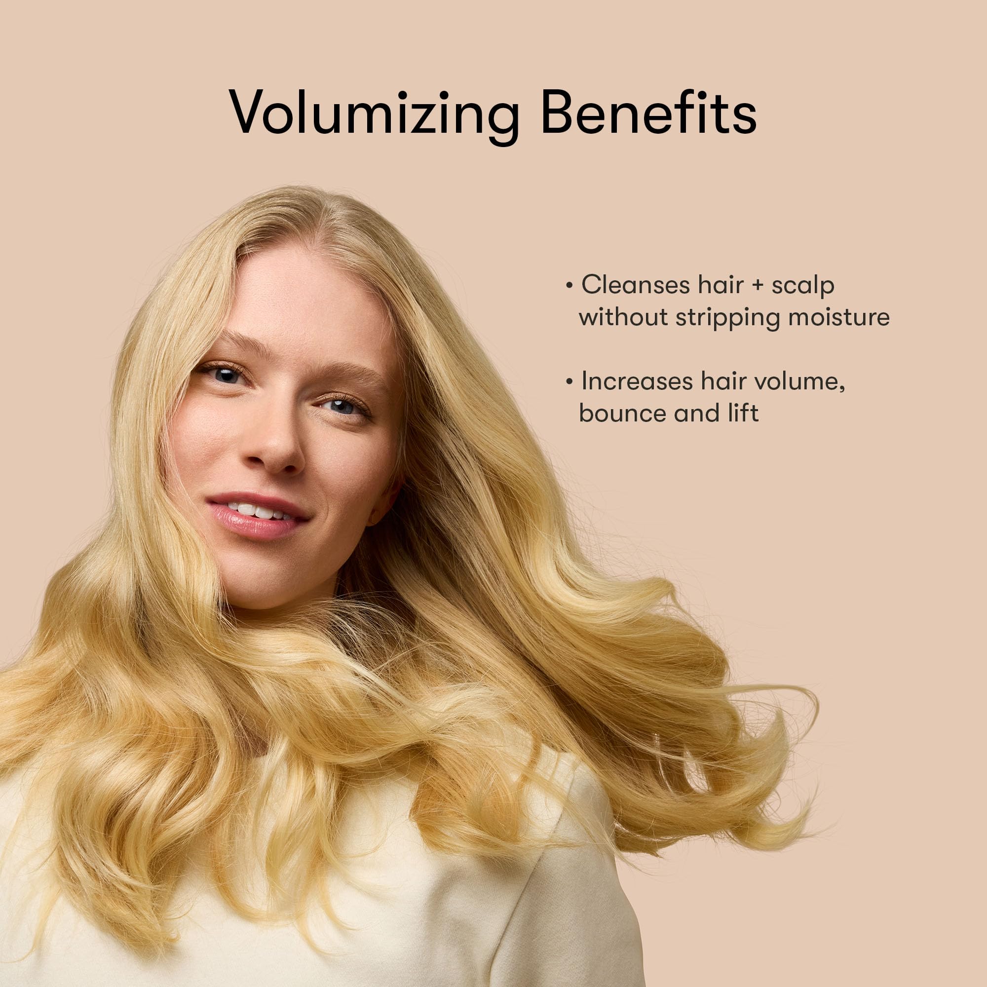 Hair strands show shine and fullness after using Odele Volumizing Shampoo.