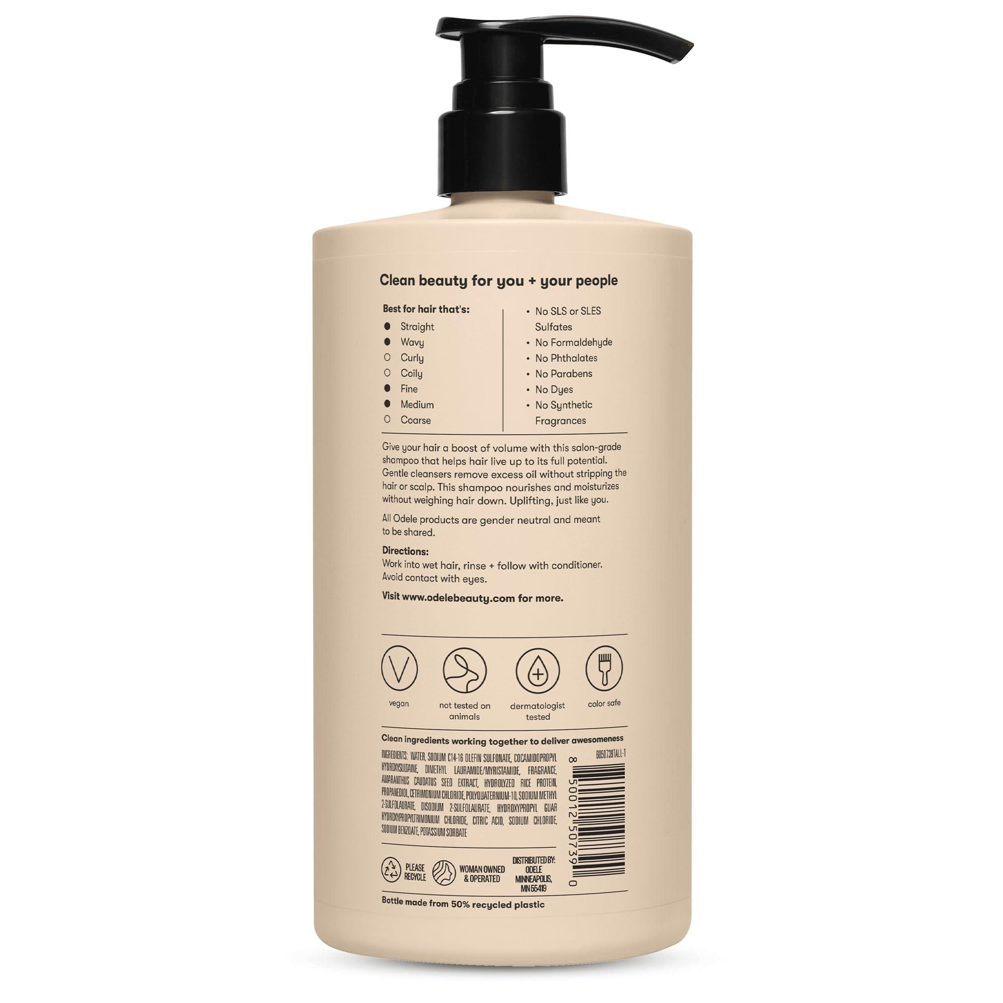 Vegan, cruelty-free icons emphasize ethical care from Odele Volumizing Shampoo.
