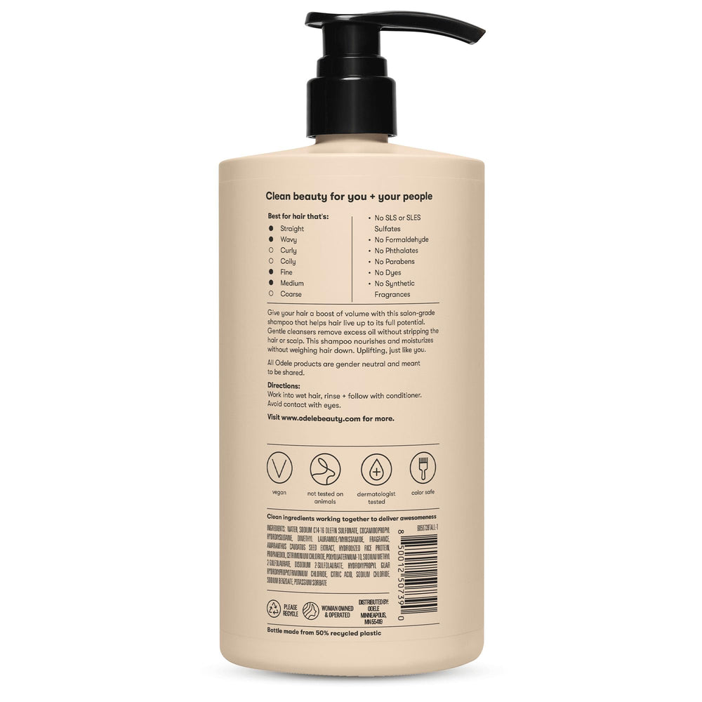 Vegan, cruelty-free icons emphasize ethical care from Odele Volumizing Shampoo.