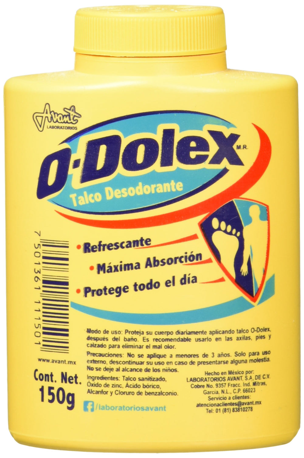 Odolex Talco Desodorante 150 g, vista frontal, aroma suave y absorción para la piel.