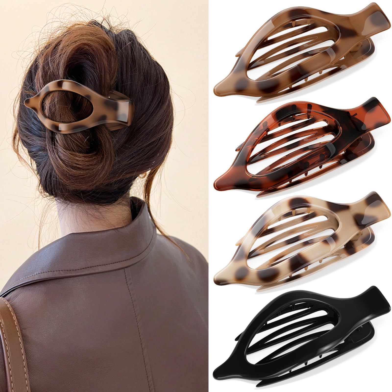 Oeusnael leopard flat clip side profile shows secure hold for all hair types.