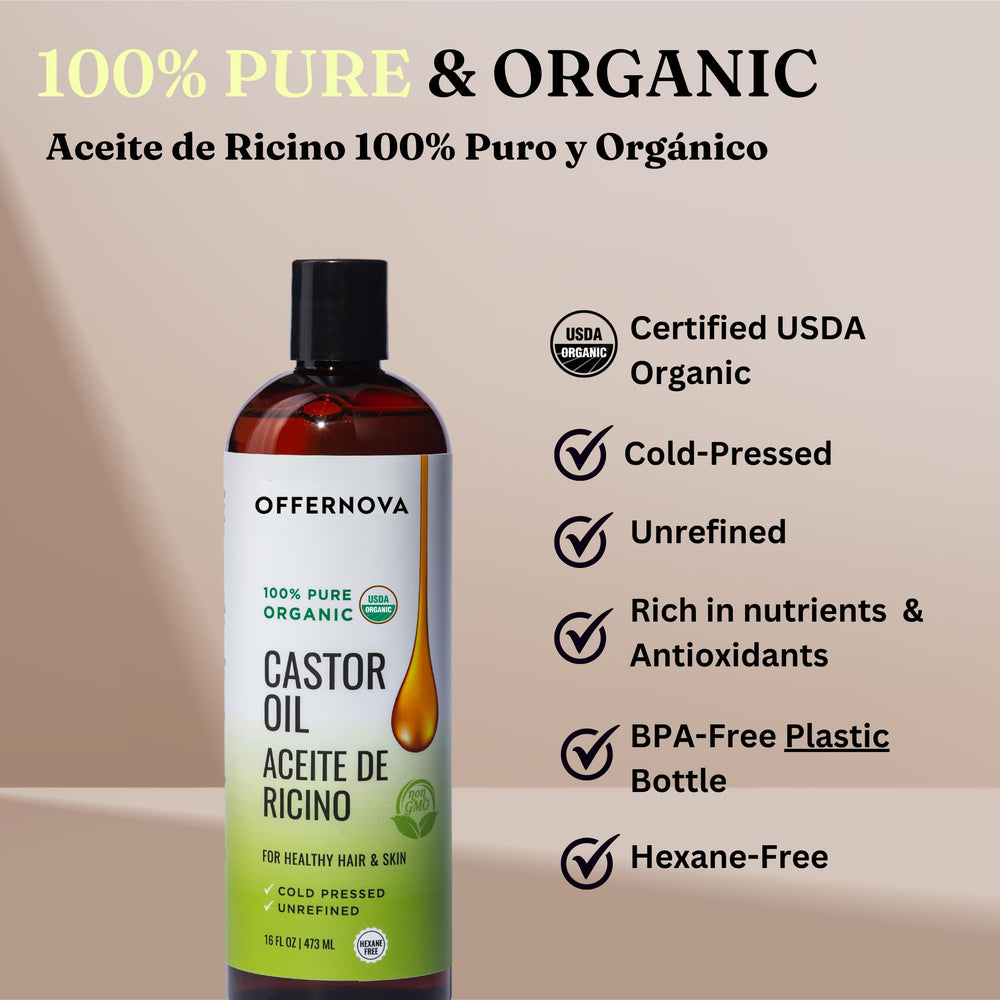 Offernova Castor Oil glass bottle studio shot highlighting purity.