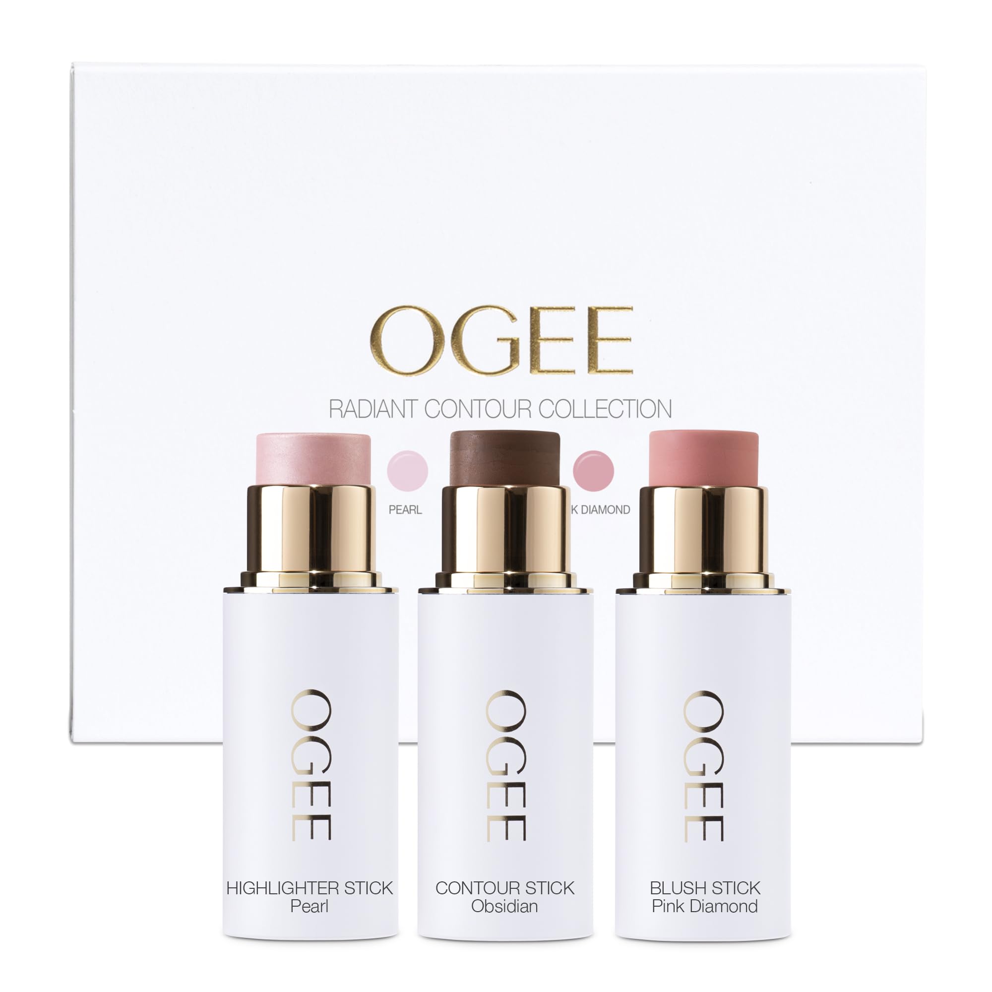 Ogee Face Stick Radiant Trio packshot highlights organic contour set for effortless glow
