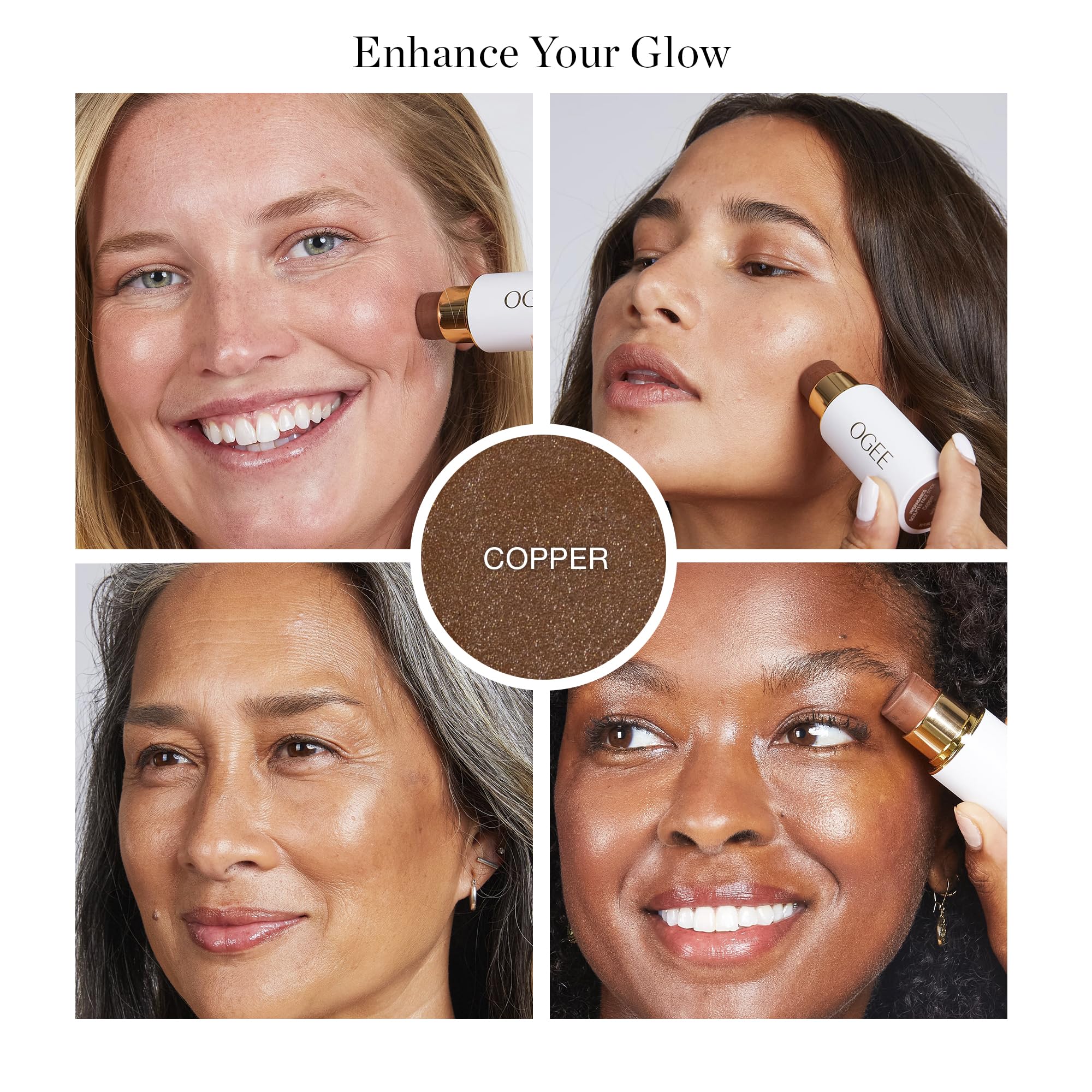 Ogee Sculpted Face Stick Copper Radiant Cocoa swatch demonstrates buildable bronze coverage.
