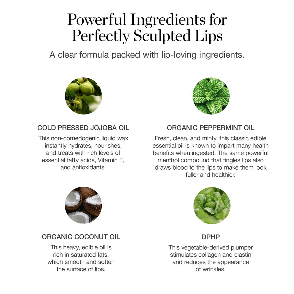 Ogee Sculpted Lip Oil ingredients closeup shows coconut and jojoba for nourishment.