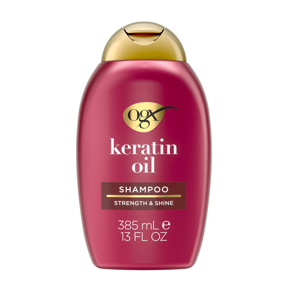 OGX Champú Antiequiebre con Keratina y Aceite en botella, limpieza suave y fortalecedora.