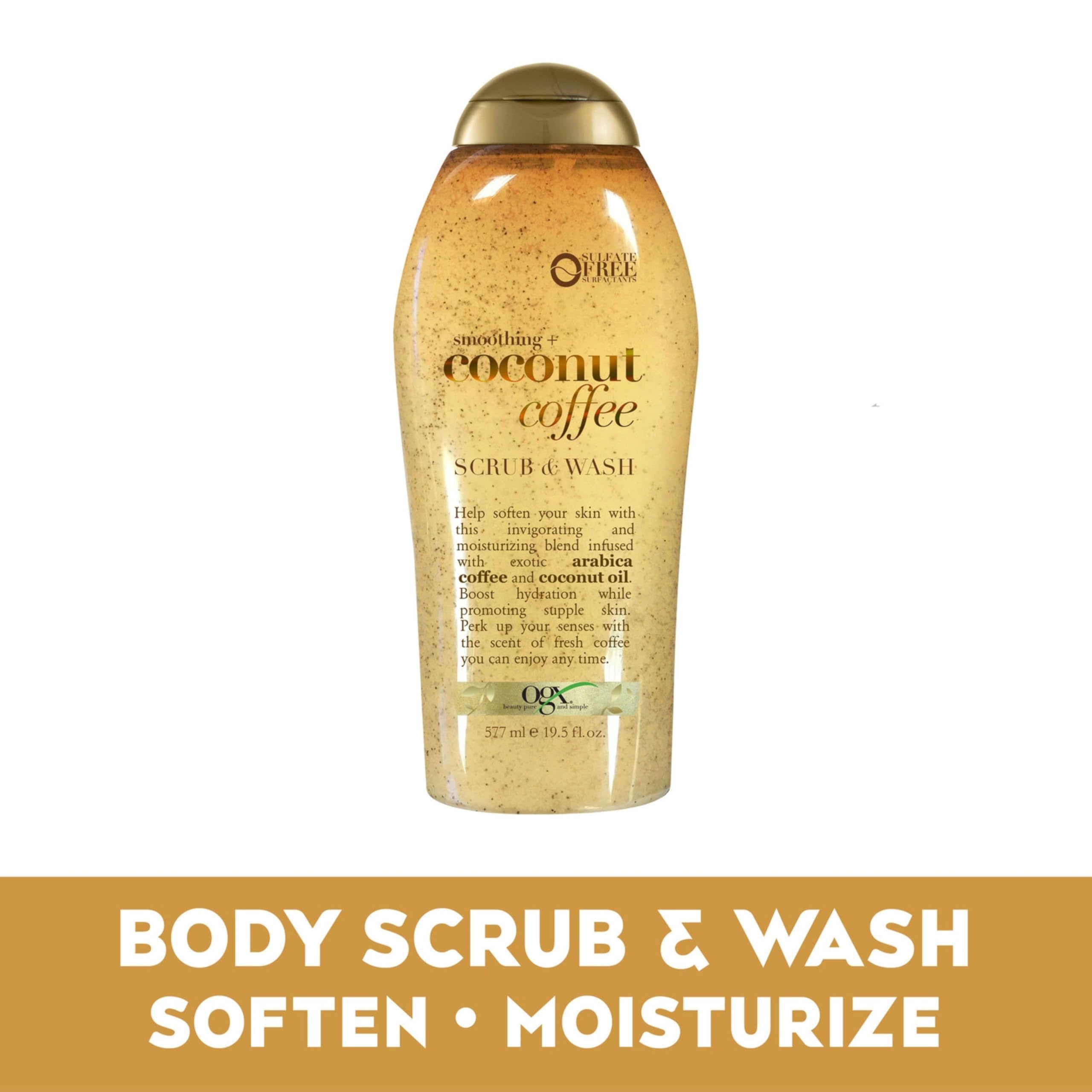 OGX Arabica coffee beads gently exfoliate to reveal smoother skin.