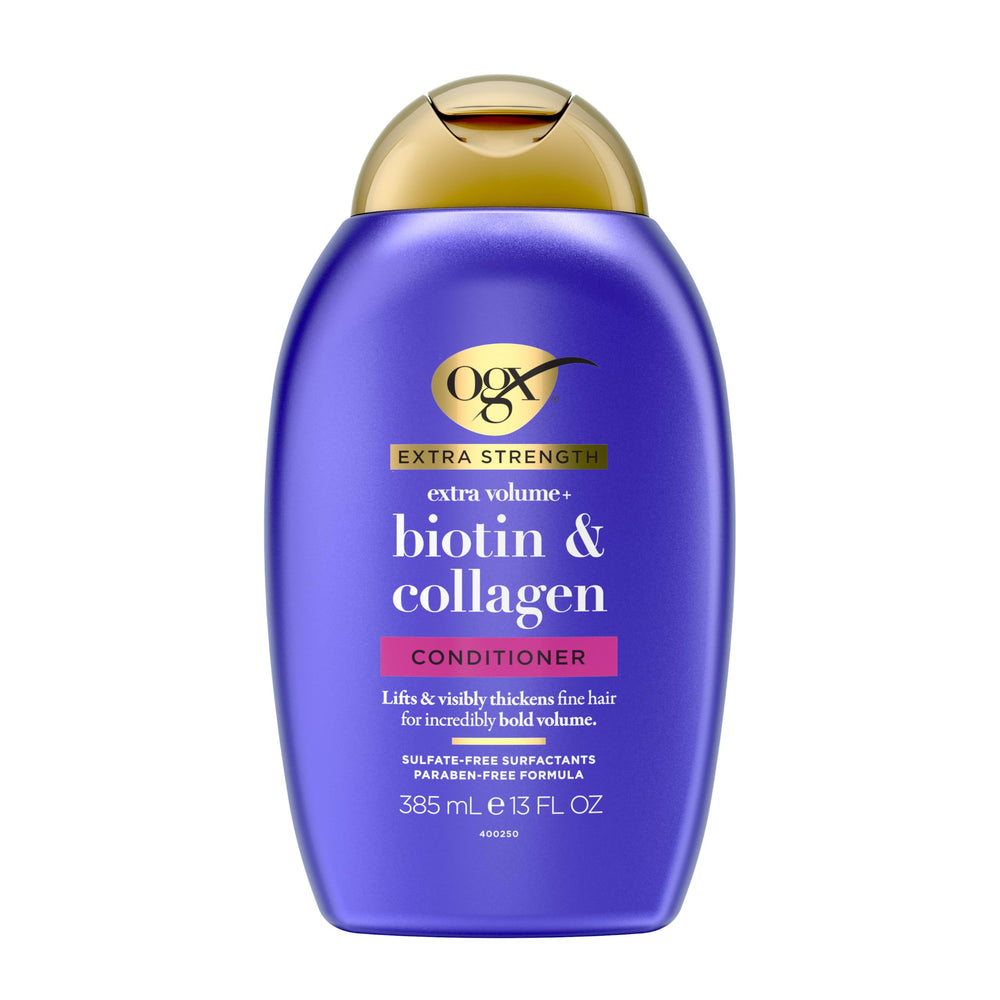 OGX Biotina y Colágeno, cabello con volumen y brillo saludable.