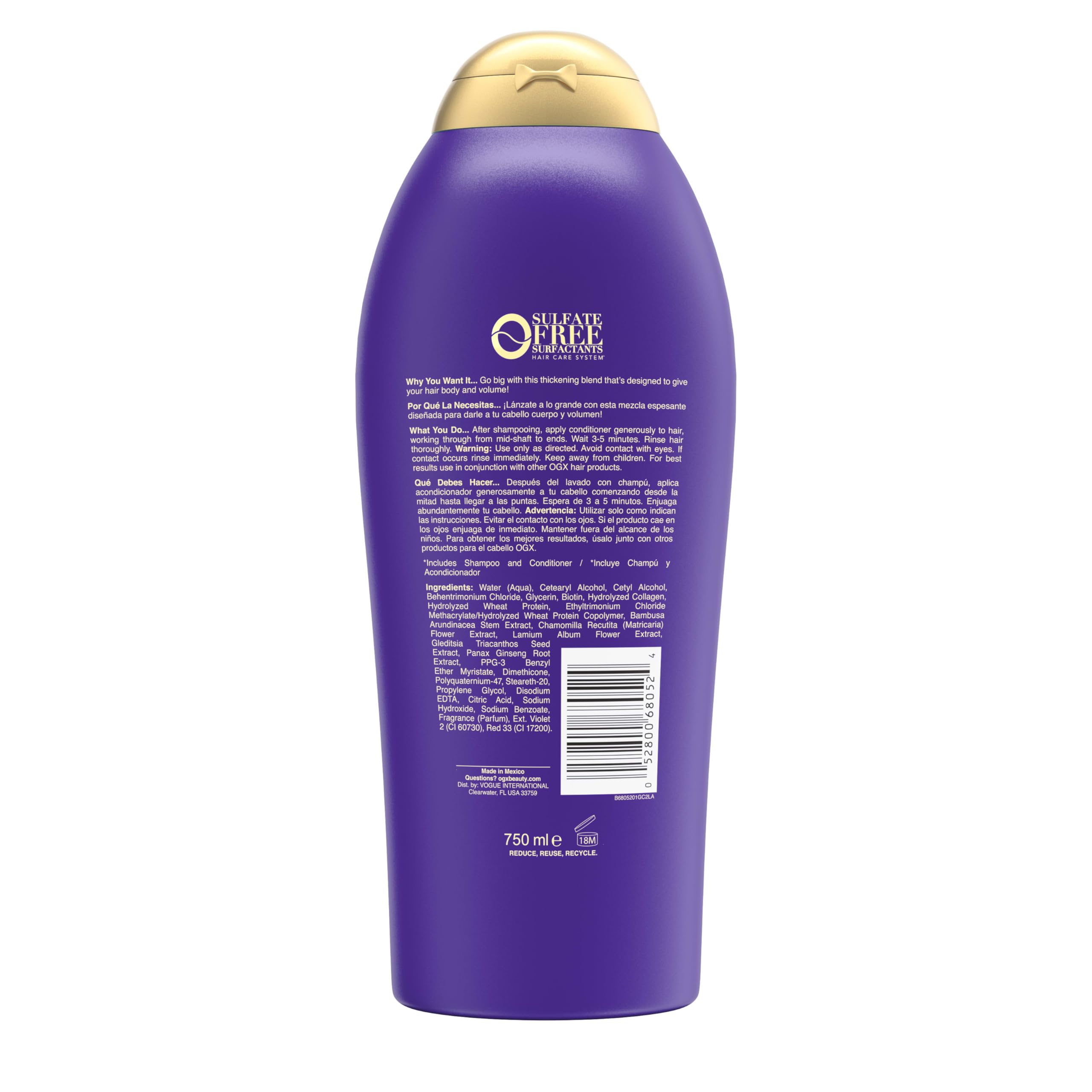 OGX Biotina y Colágeno, envase principal de 25,4 oz en estante