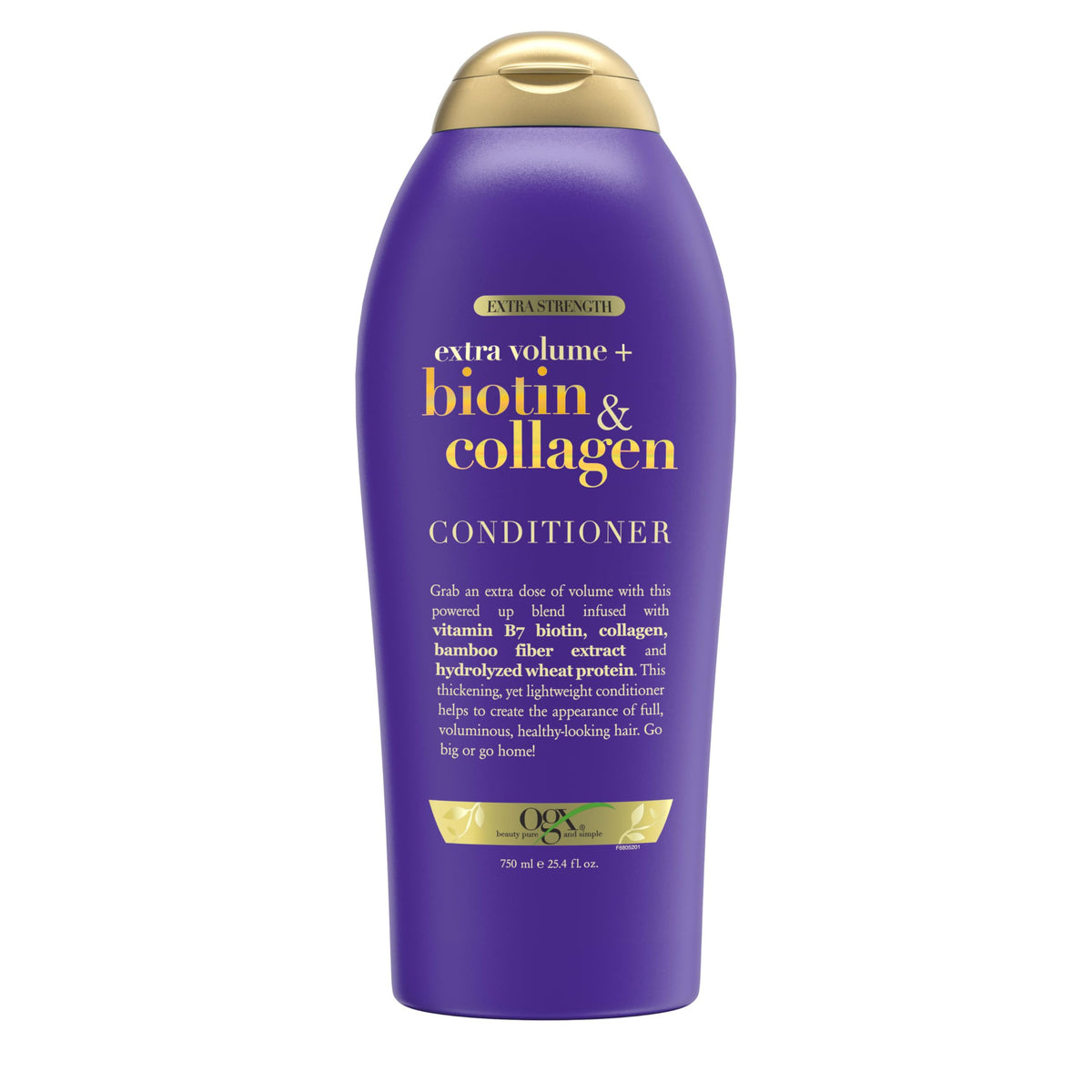 OGX Biotina y Colágeno, botella frontal, aporta volumen extra y cuerpo al cabello