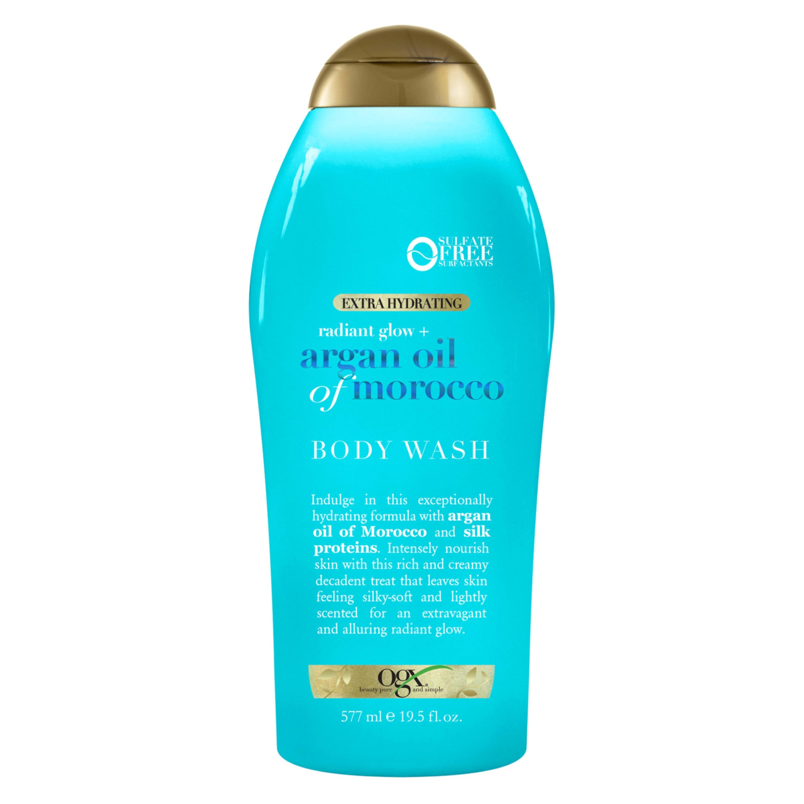 OGX Radiant Glow: envase del gel de ducha, promueve hidratación y brillo radiante