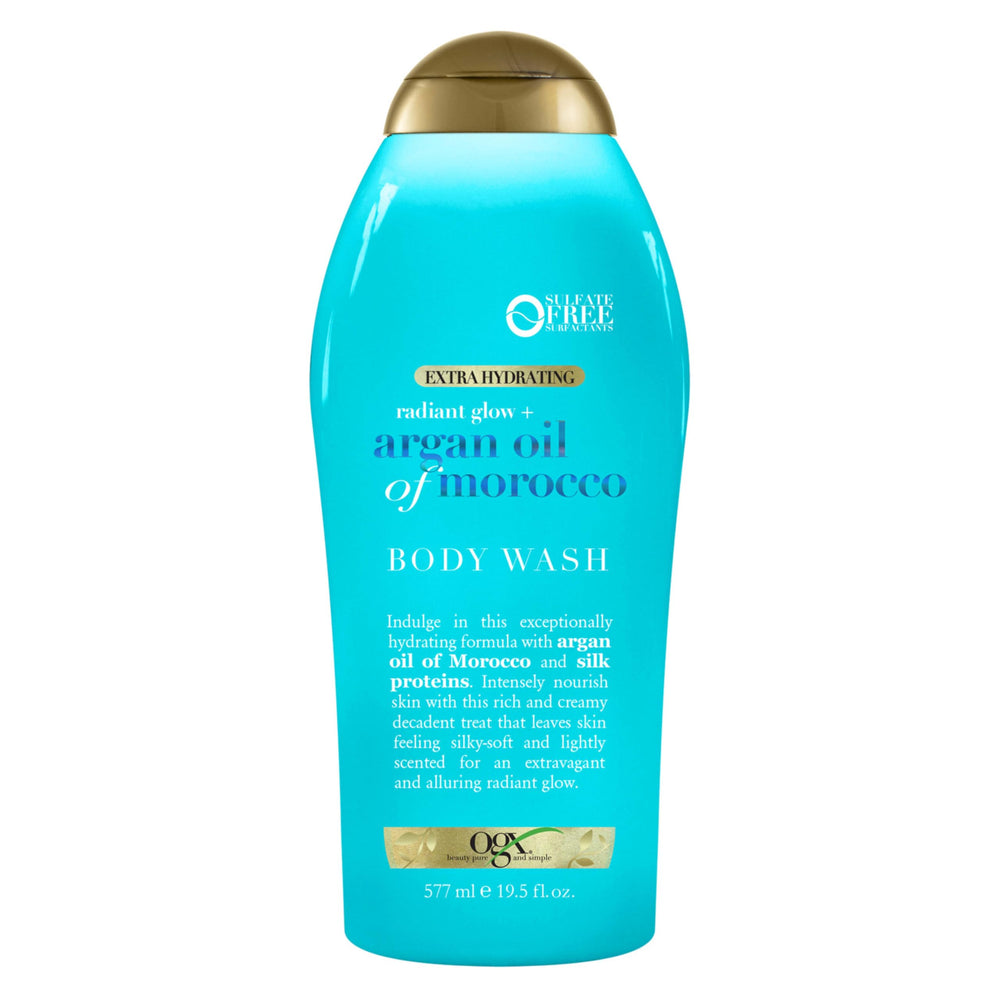 OGX Radiant Glow: envase del gel de ducha, promueve hidratación y brillo radiante