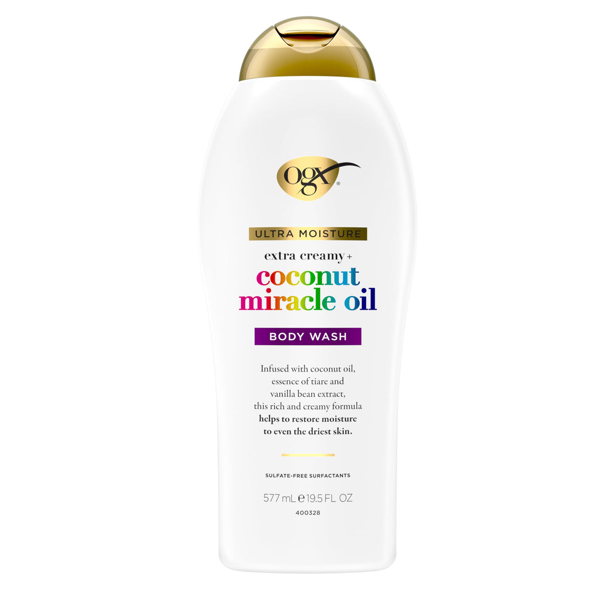 OGX Coconut Miracle Oil Body Wash pour shows creamy hydration for dry skin