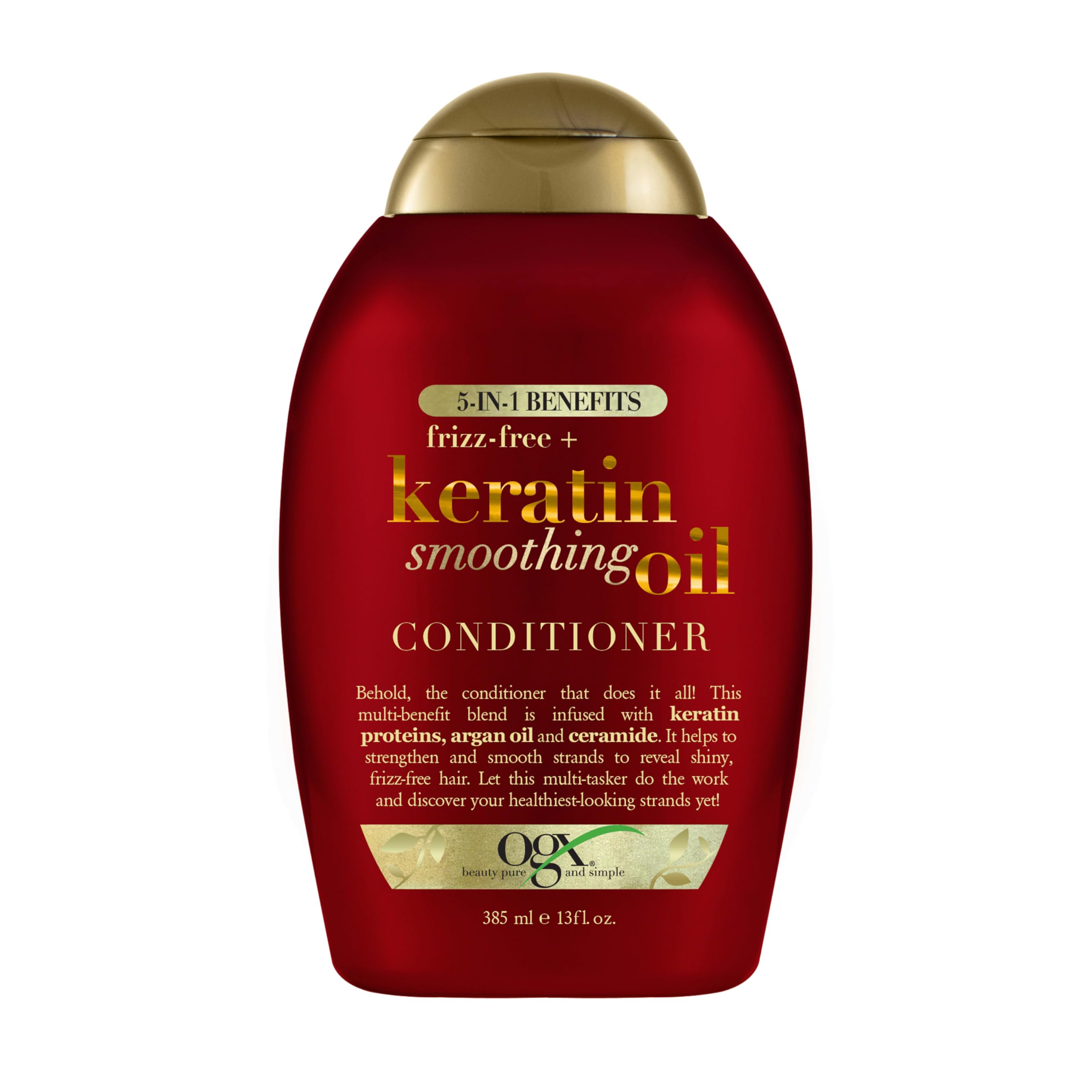 OGX Frizz-Free + Keratin Smoothing Oil Conditioner bottle front shows frizz-control potential.