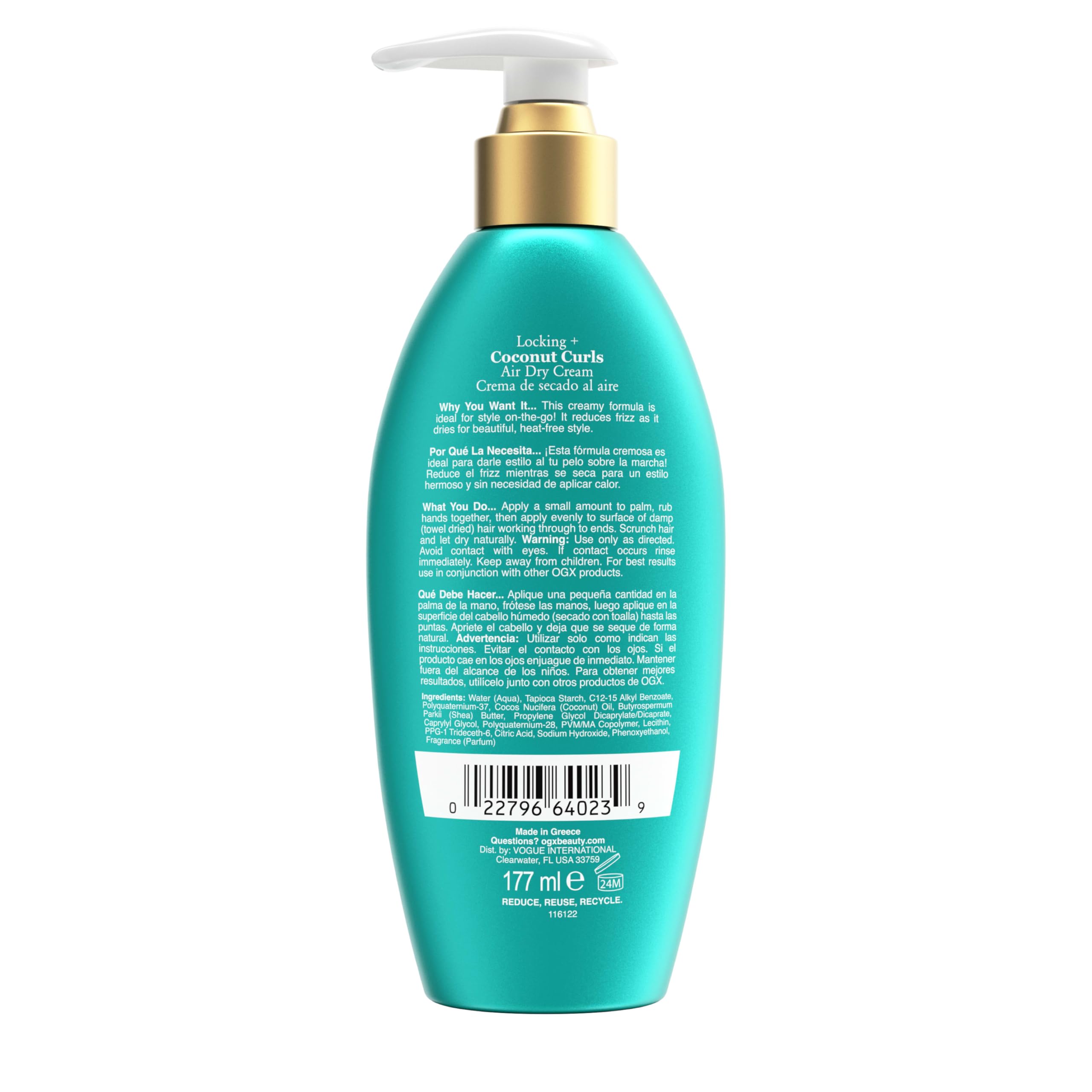 OGX Locking Coconut Curls Crema, uso diario sin calor para rizos