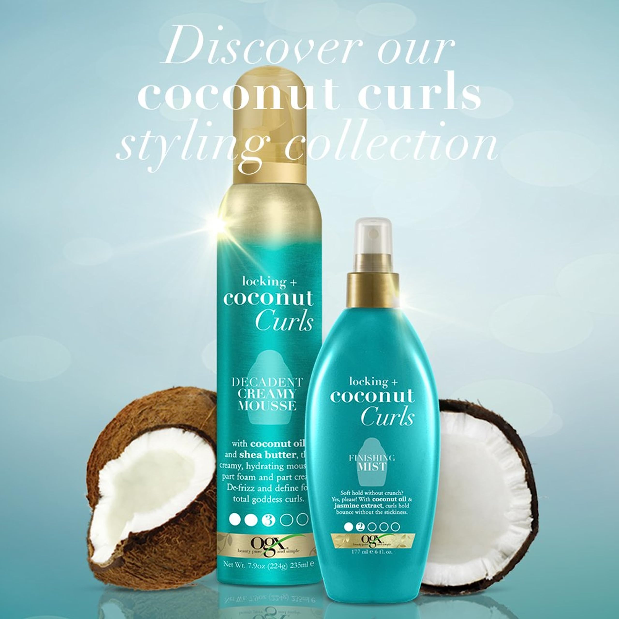 OGX Locking Coconut Curls mousse acabado ligero, brillo natural en rizos