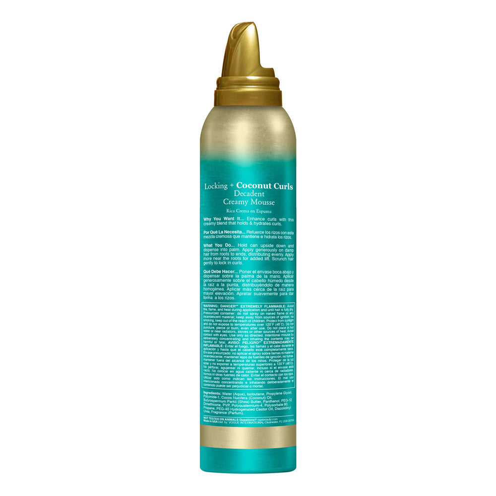 OGX Locking Coconut Curls mousse uso diario, mejora la textura del cabello rizado
