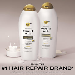 OGX Nourishing + Coconut Milk conditioner bottle showcases hydrating care for smooth, frizz-free strands.