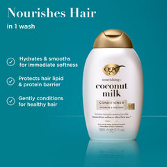 OGX Nourishing Coconut Milk Conditioner close-up shows creamy texture for smooth strands