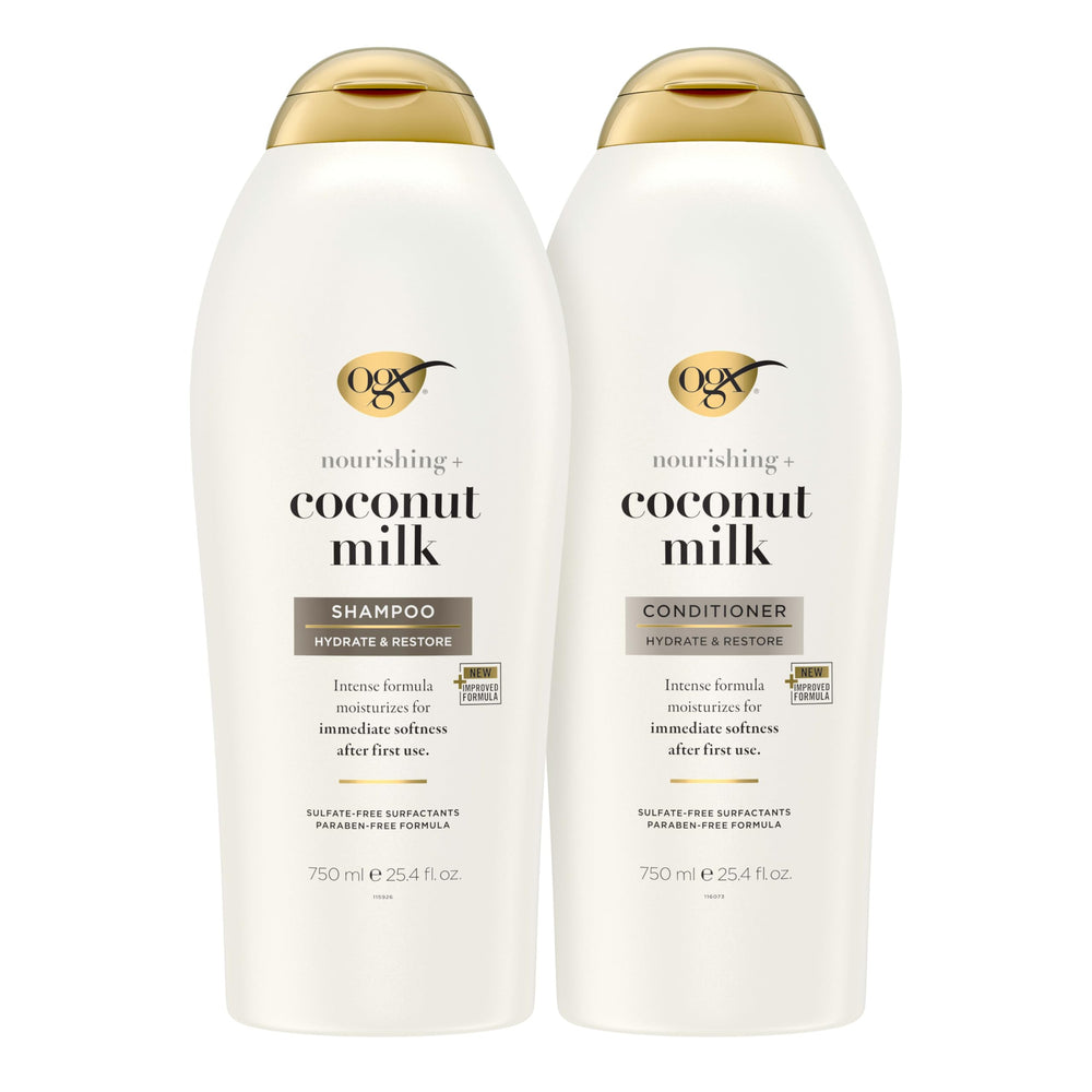 OGX Nourishing + Coconut Milk shampoo bottle highlights sulfate-free cleansing for all hair types.