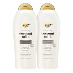 OGX Nourishing + Coconut Milk shampoo bottle highlights sulfate-free cleansing for all hair types.