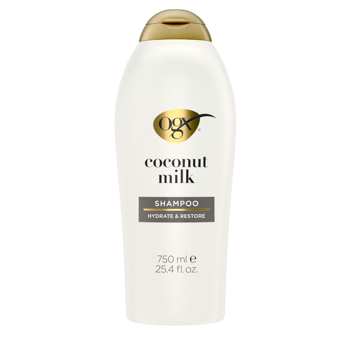 OGX Nourishing Coconut Milk Shampoo botella, hidratación inmediata para cabello seco.