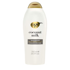 OGX Nourishing Coconut Milk Shampoo botella, hidratación inmediata para cabello seco.