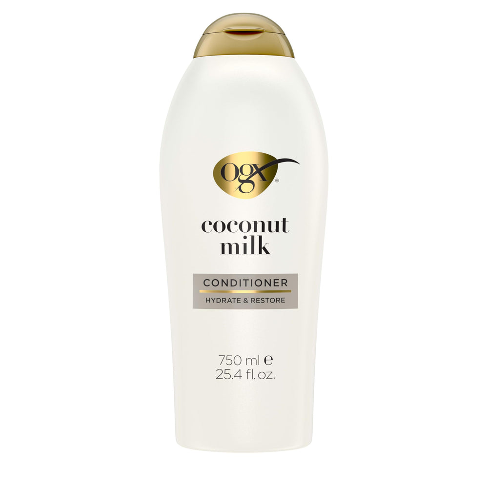 OGX Nourishing + Coconut Milk Acondicionador: empaque cercano realza hidratación y suavidad.