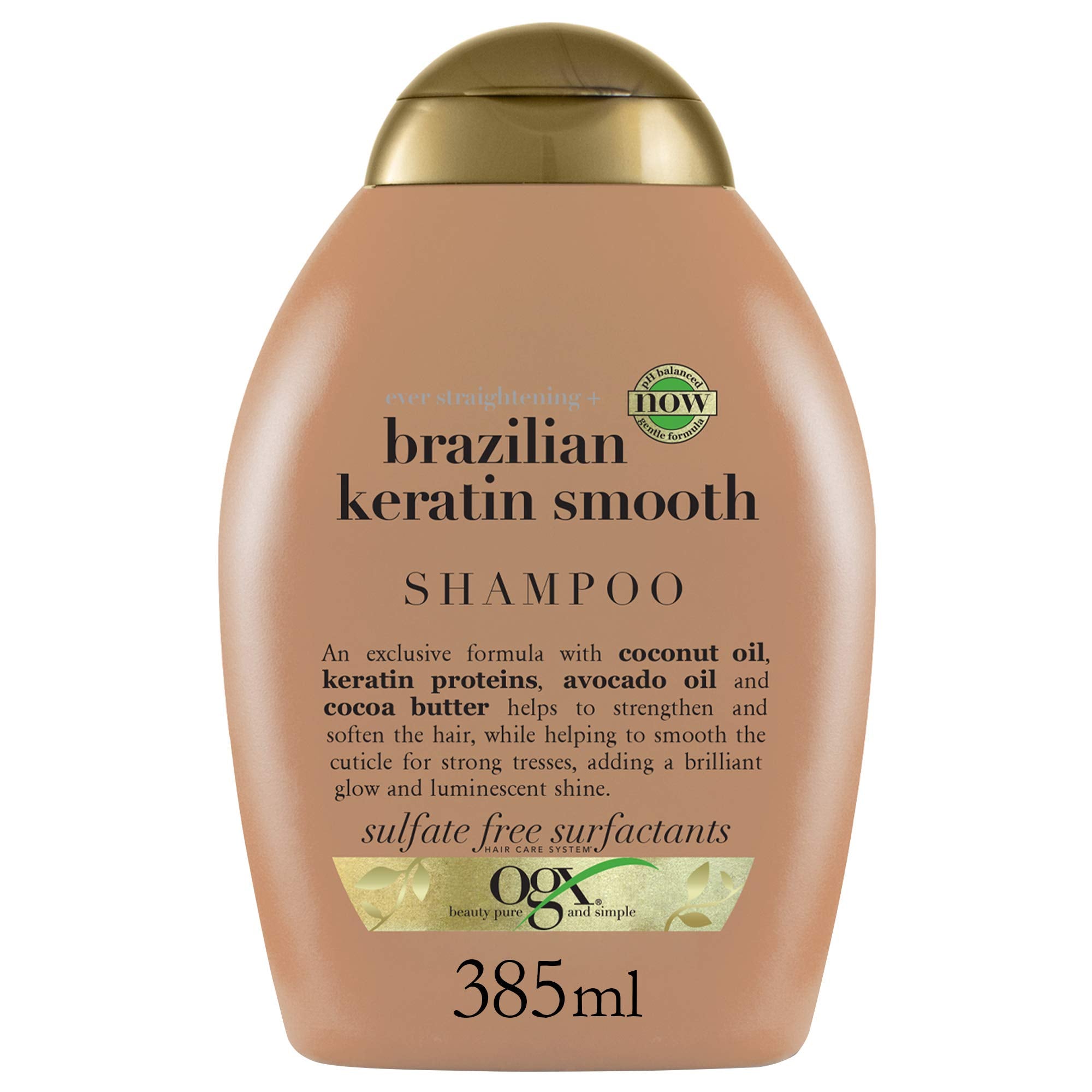 OGX Organix keratina brasileña: botella frontal, cabello suave y brillante.