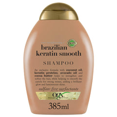 OGX Organix keratina brasileña: botella frontal, cabello suave y brillante.