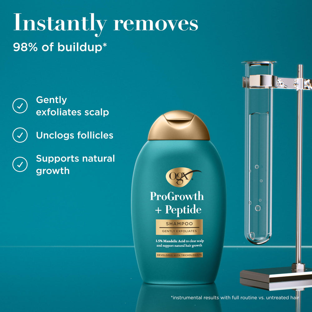 OGX ProGrowth + Peptide Shampoo features mandelic acid 1.5 percent for gentle exfoliation