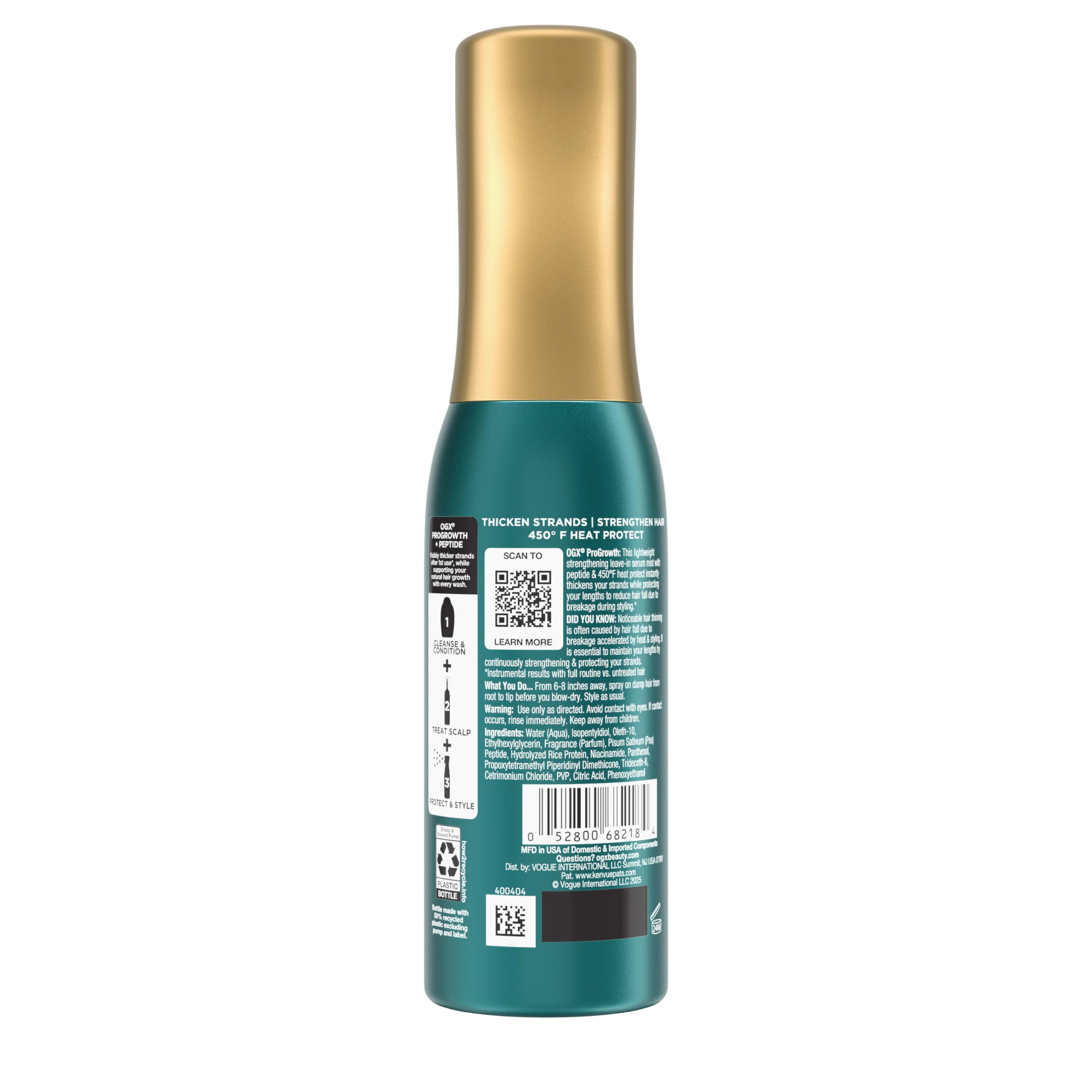 OGX ProGrowth + Peptide Serum Mist, cabello suave y resistente tras el secado.