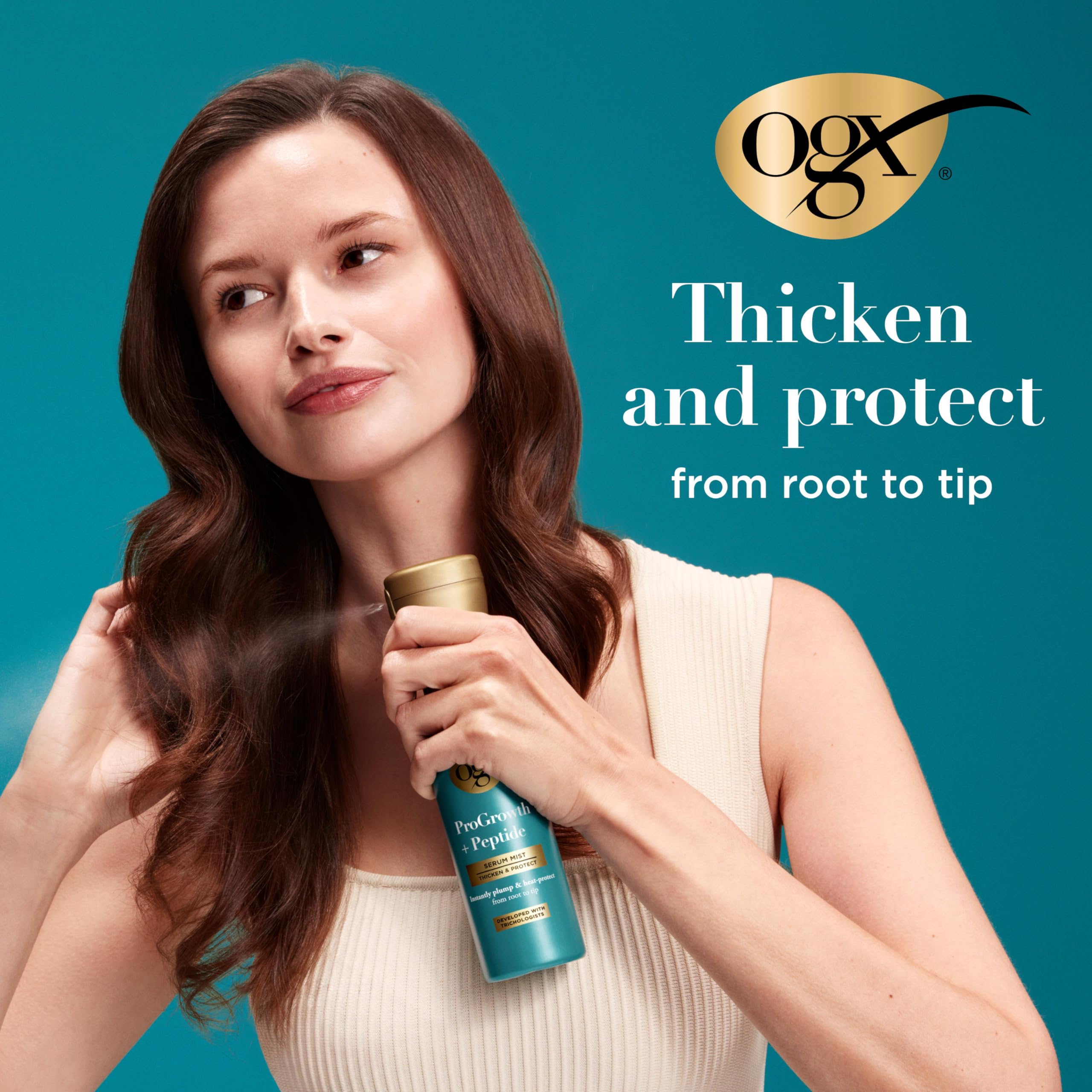 OGX ProGrowth + Peptide Serum Mist, protección térmica durante el peinado.