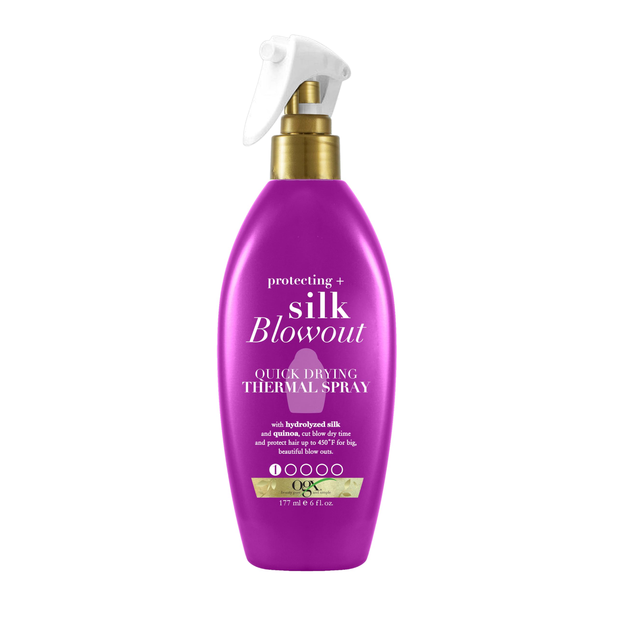 OGX Protecting Silk Blowout bottle demonstrates quick-dry action for smooth, frizz-free styling