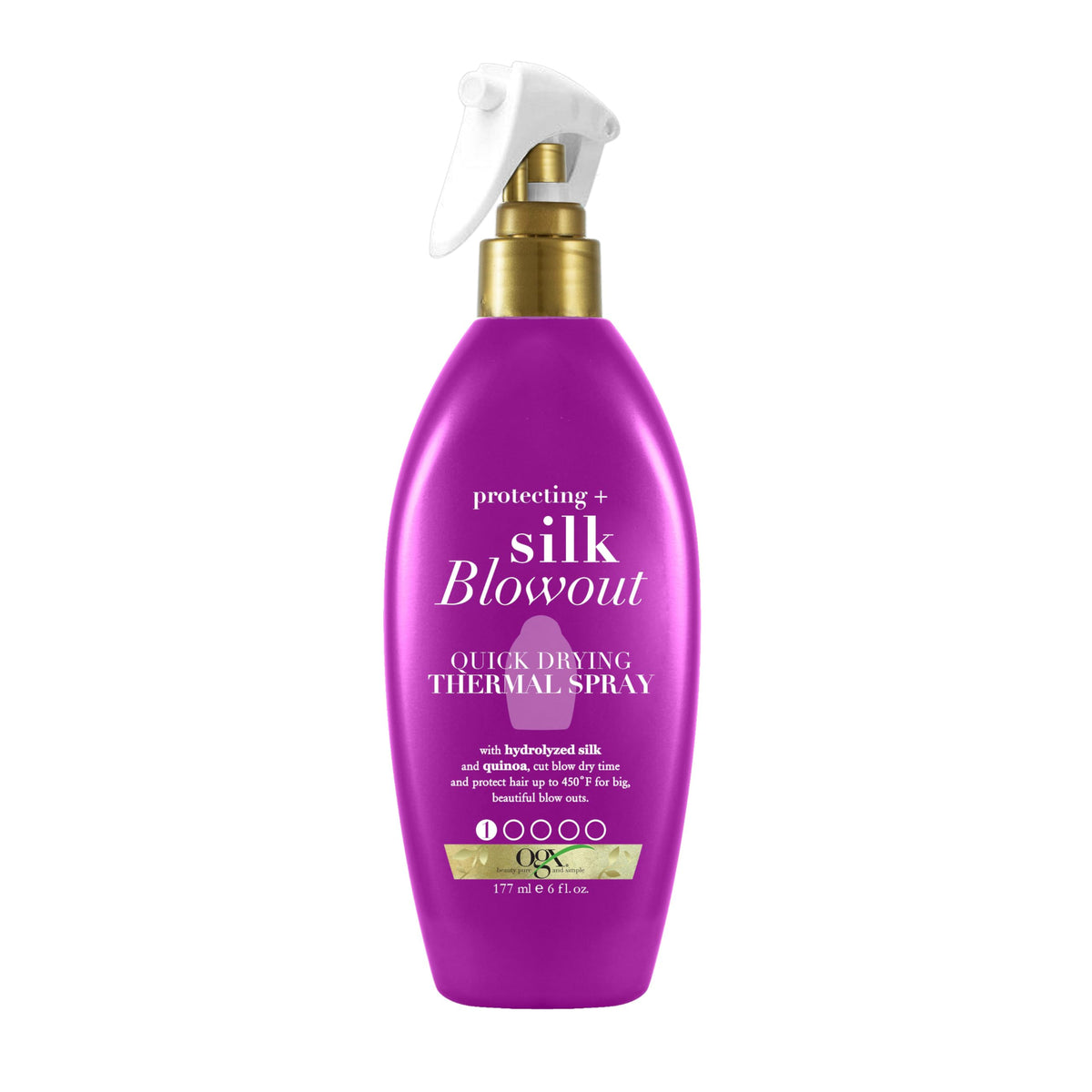 OGX Protecting Silk Blowout bottle demonstrates quick-dry action for smooth, frizz-free styling