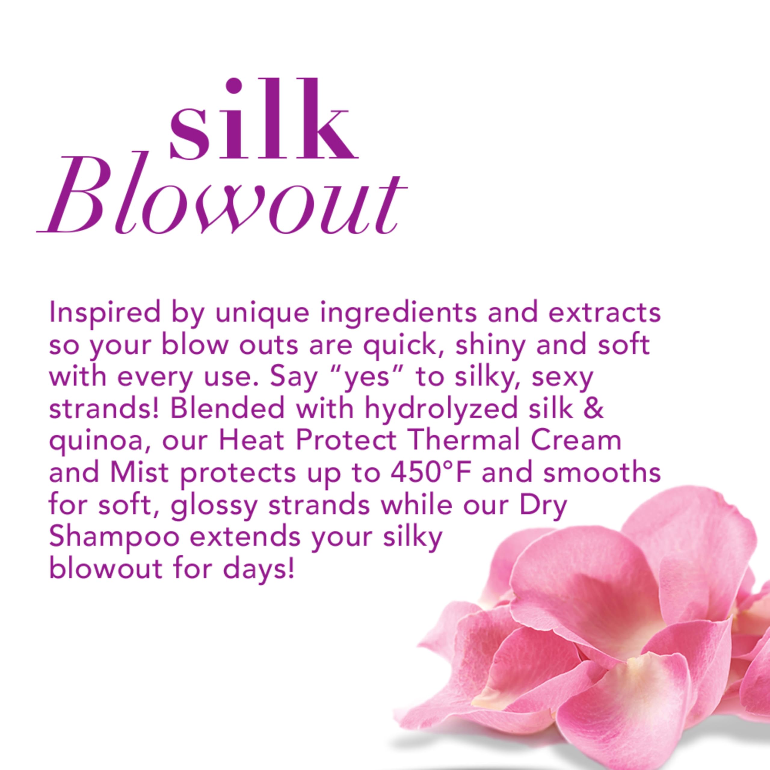OGX Protecting Silk Blowout spray-dispense shows heat protection up to 450°F