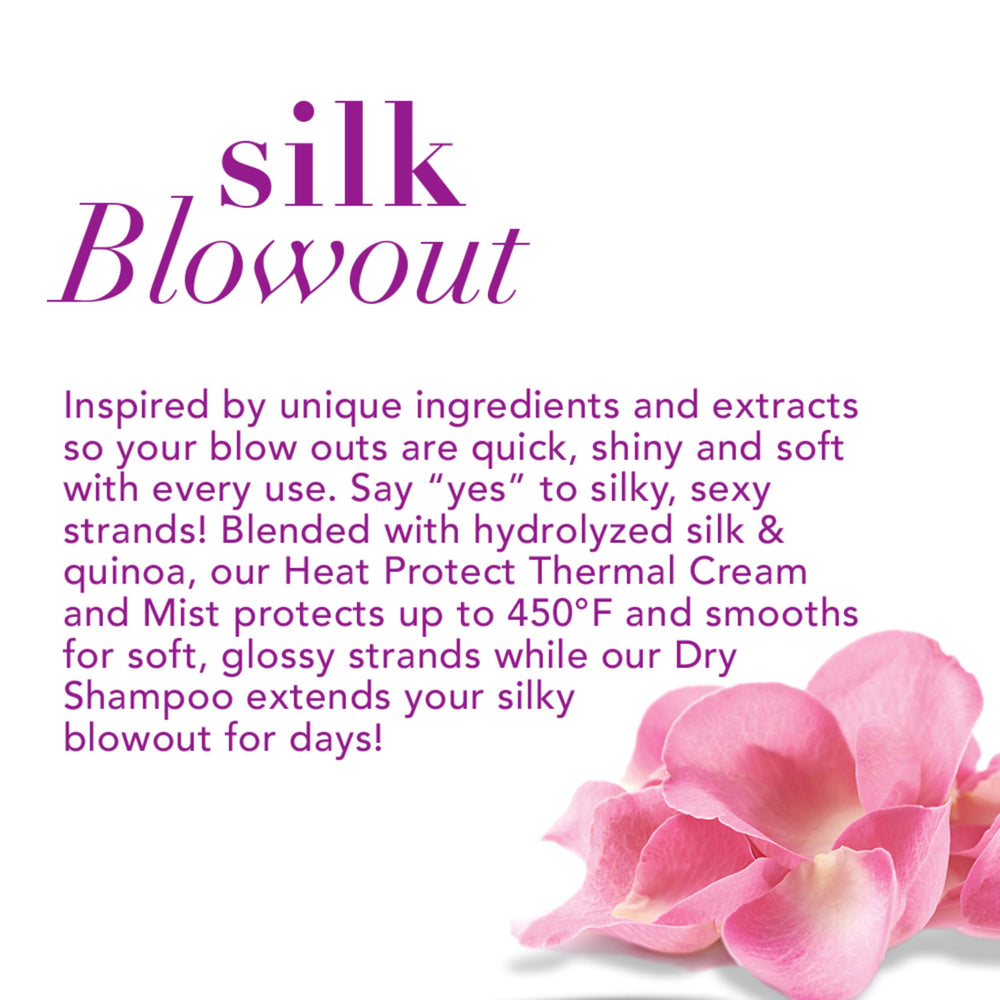 OGX Protecting Silk Blowout spray-dispense shows heat protection up to 450°F