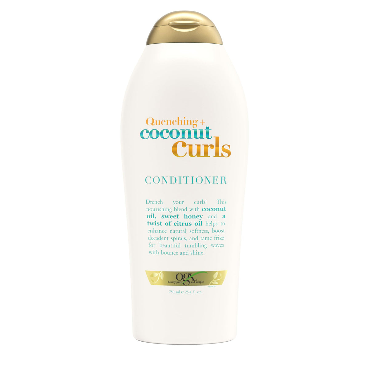 Acondicionador OGX Quenching + Coconut Curls en botella para rizos definidos.