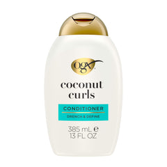 OGX Quenching Coconut Curls conditioner bottle aids detangling for smoother curls.