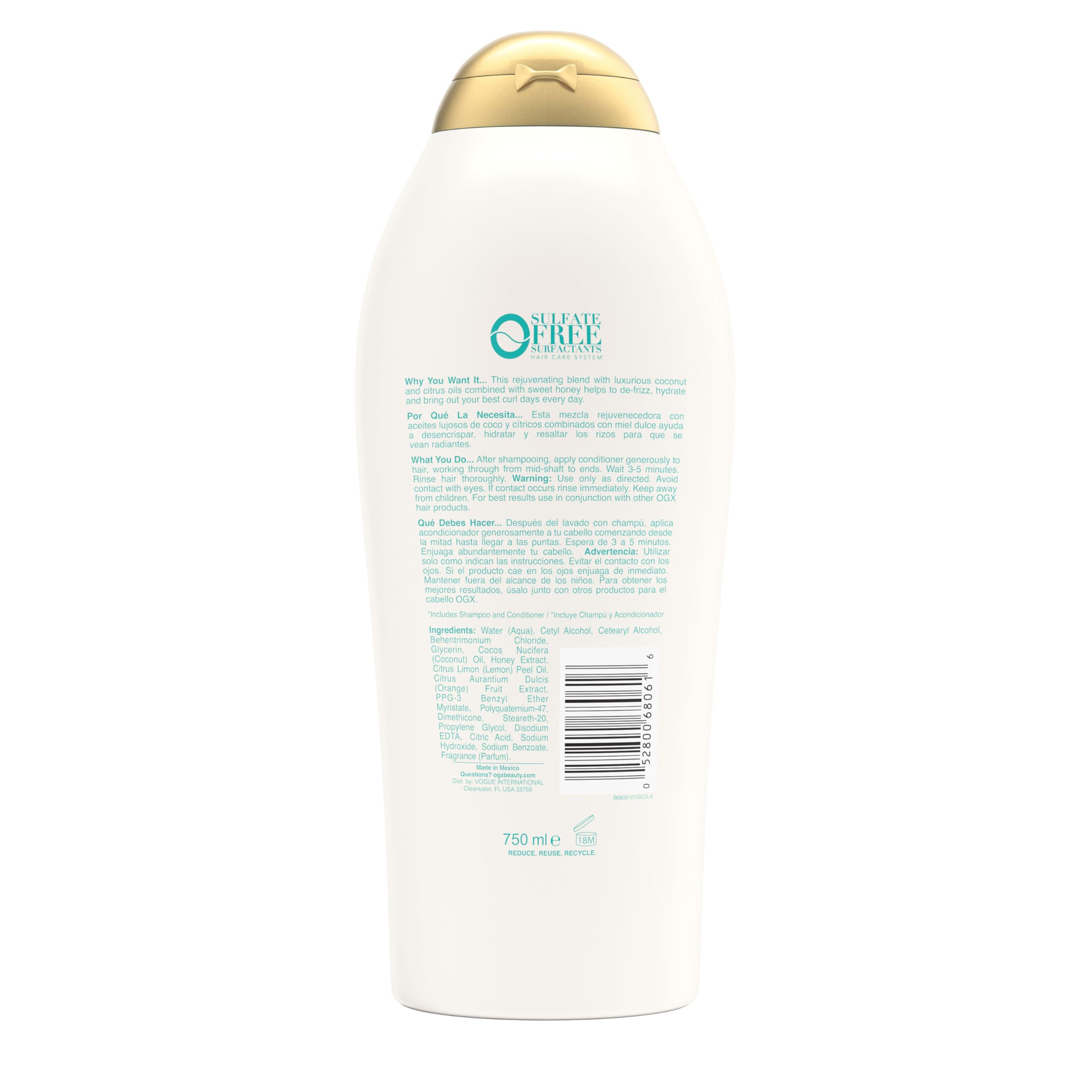 Envase grande de OGX Quenching + Coconut Curls listo para uso frecuente.