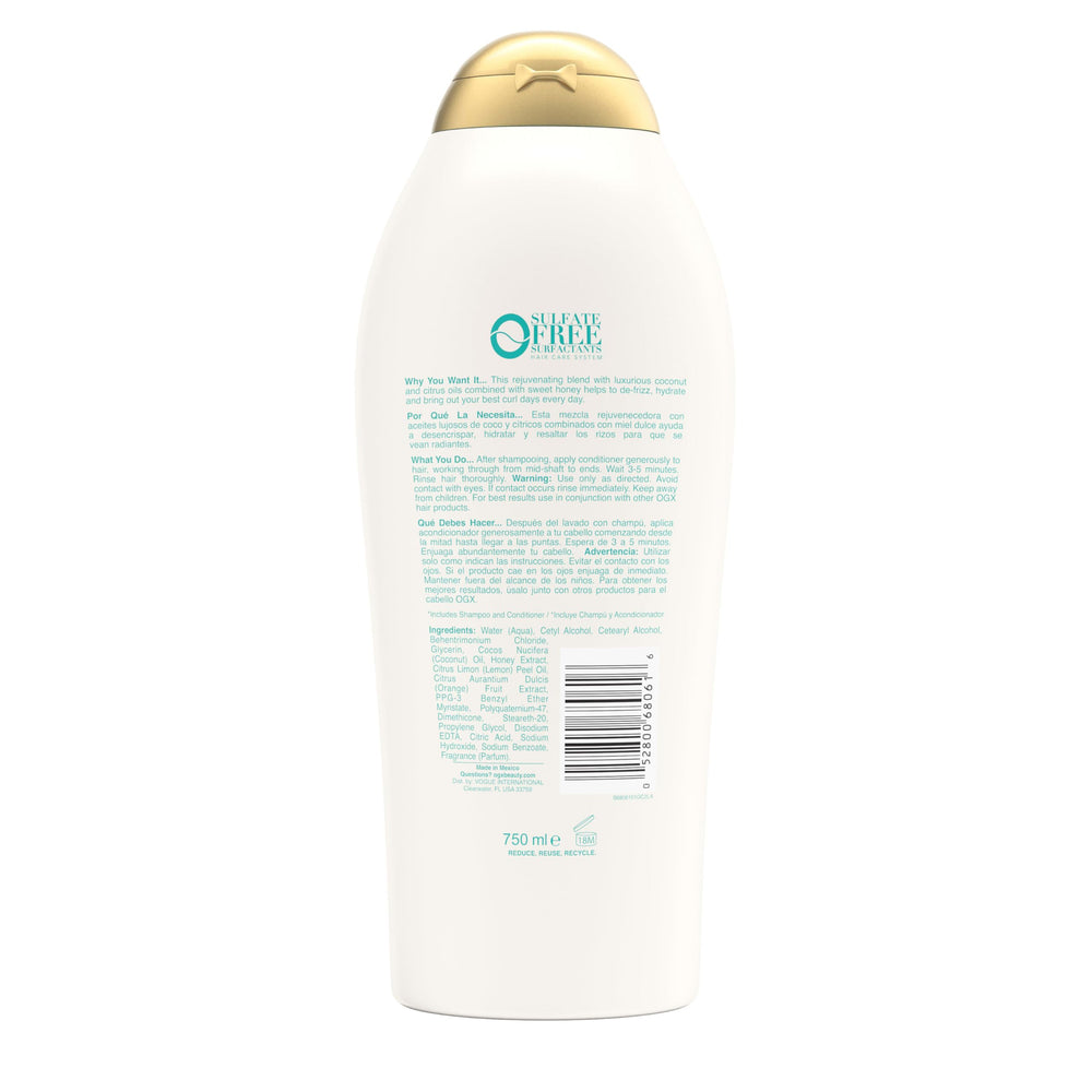 Envase grande de OGX Quenching + Coconut Curls listo para uso frecuente.