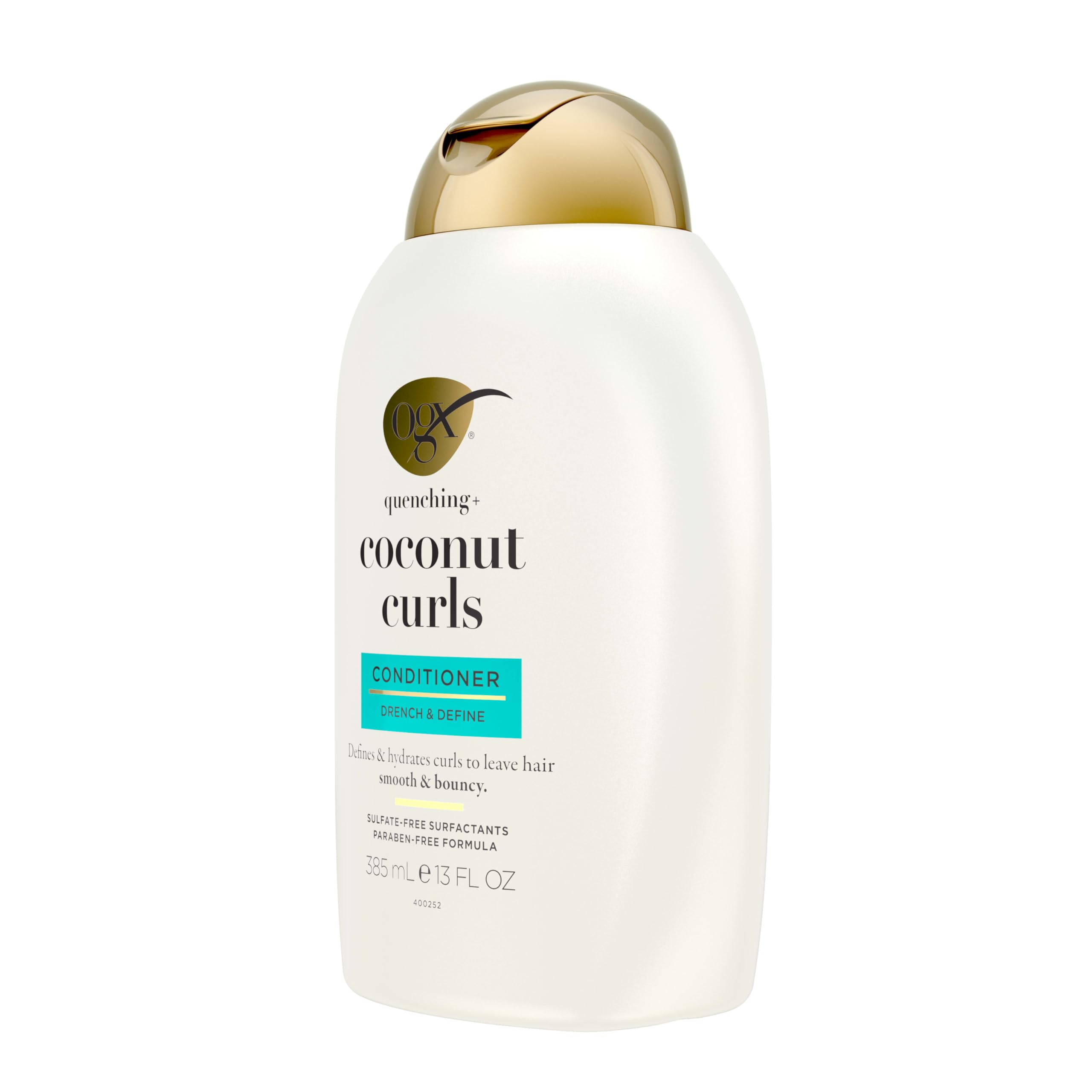 OGX Quenching Coconut Curls conditioner ingredients coconut oil closeup highlights shine.