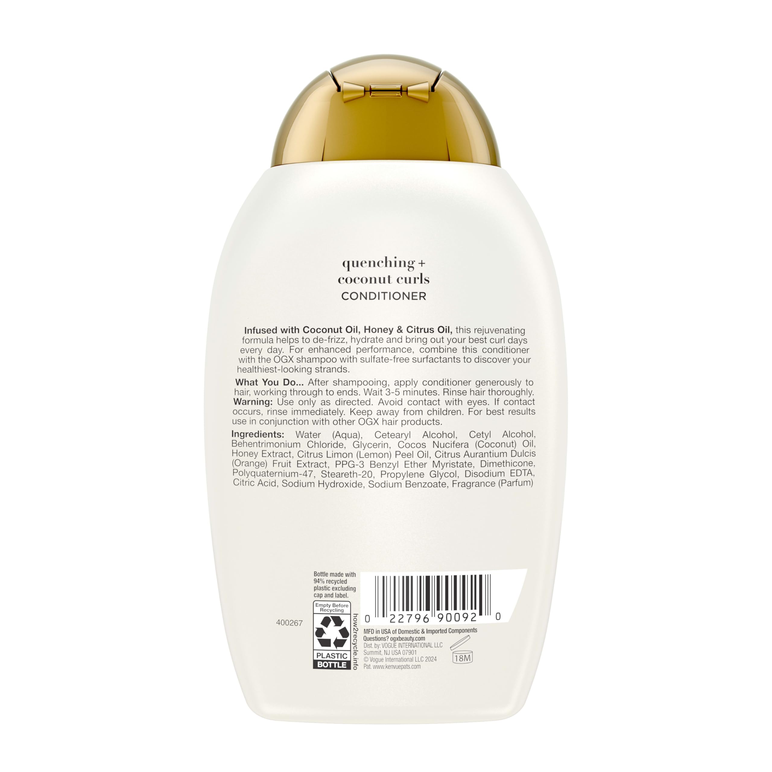 OGX Quenching Coconut Curls scent bottle with coconut water notes.