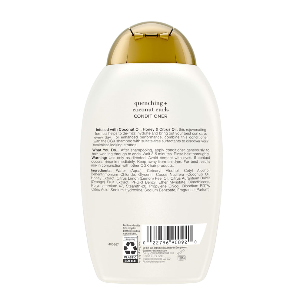 OGX Quenching Coconut Curls scent bottle with coconut water notes.