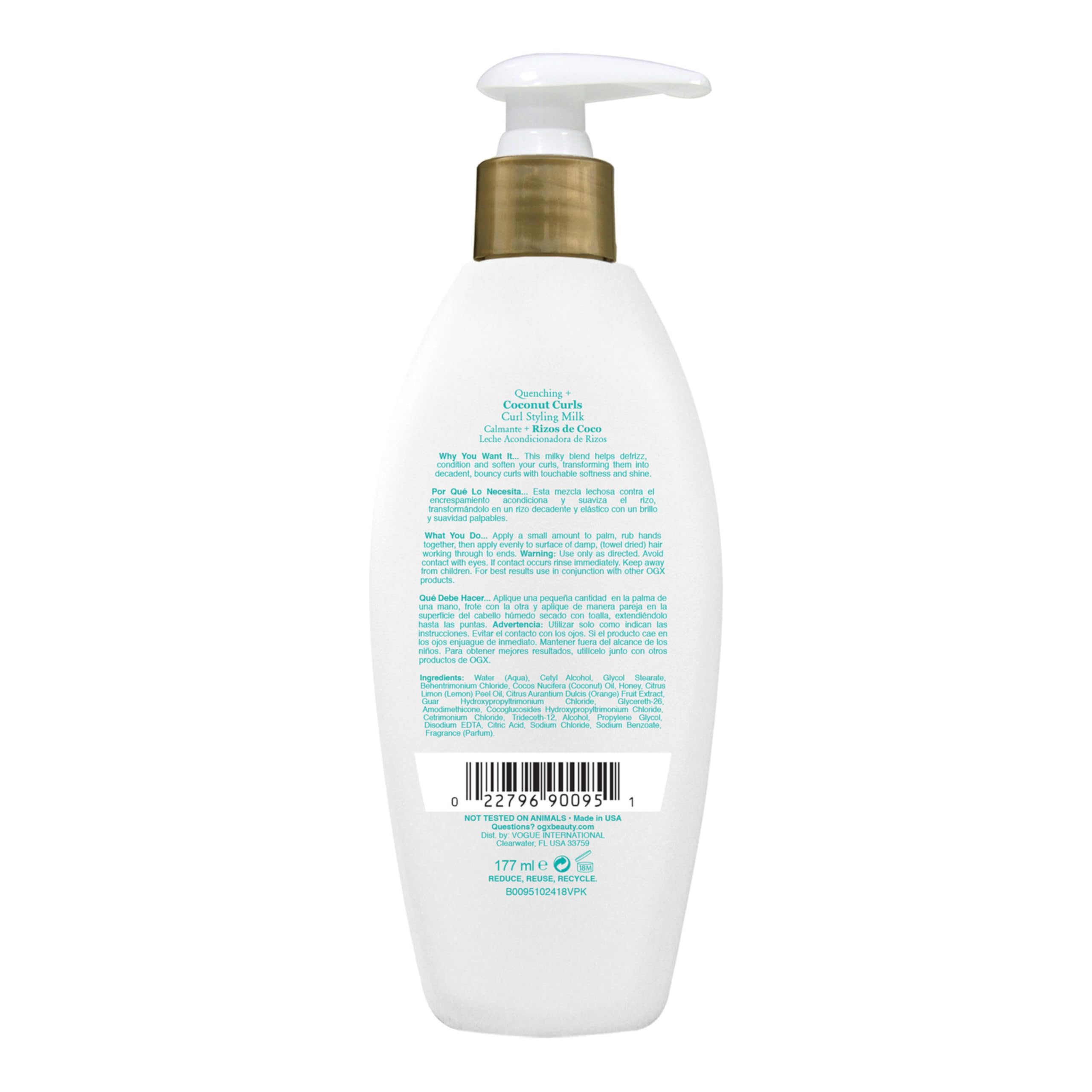 OGX Quenching Coconut Curls product on shelf with shiny, bouncy hair in background.