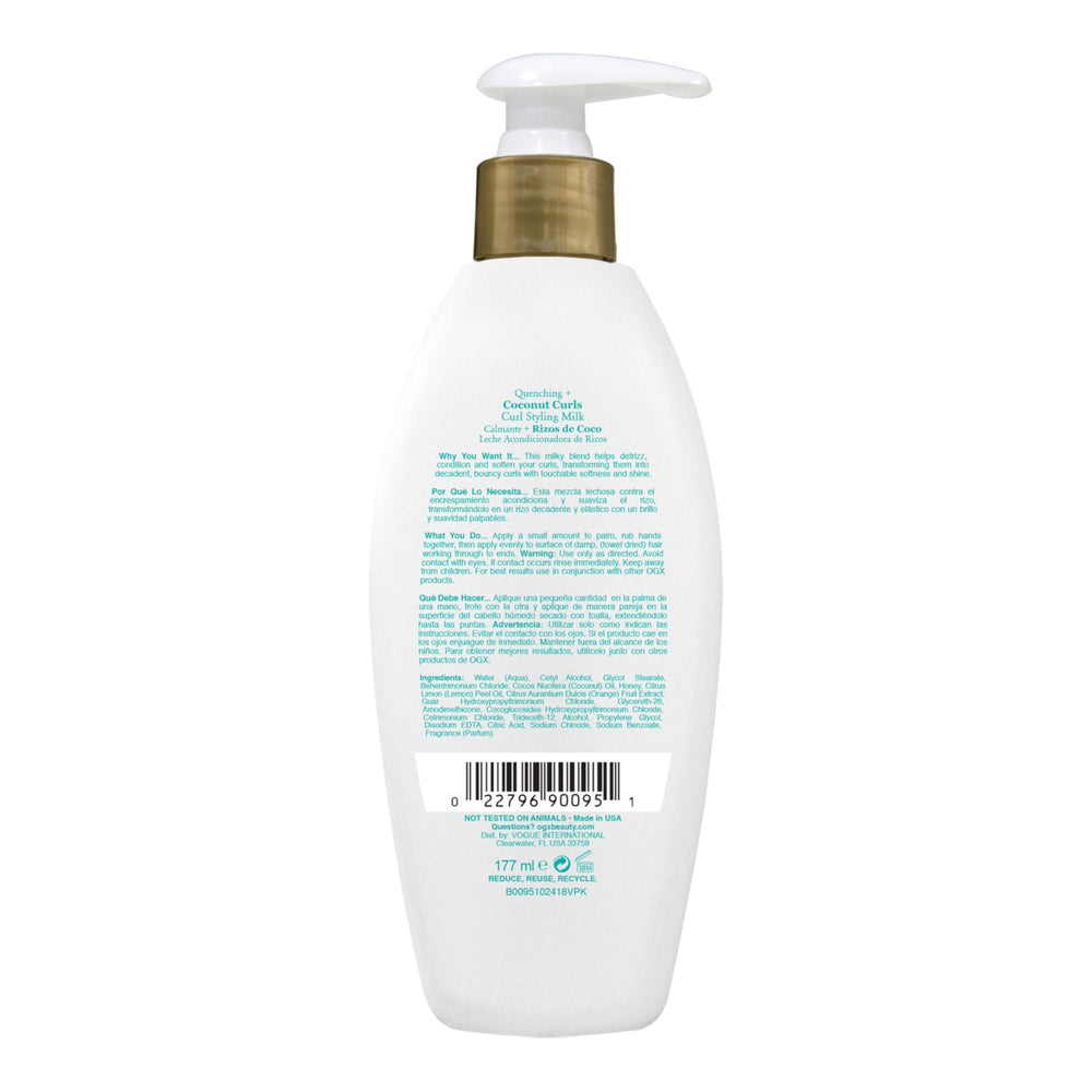 OGX Quenching Coconut Curls product on shelf with shiny, bouncy hair in background.