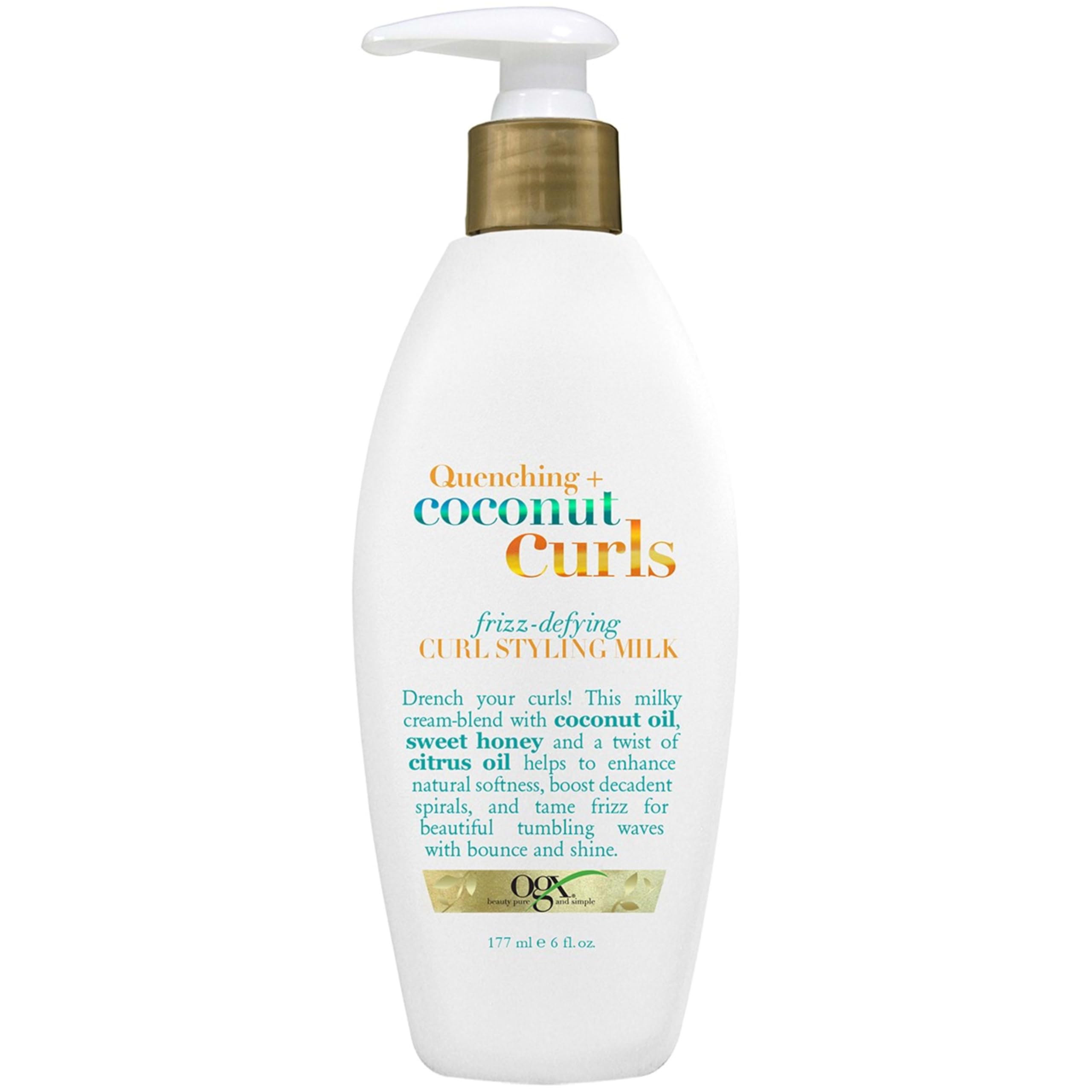 OGX Quenching Coconut Curls styling milk bottle pour for detangling and smooth frizz-free curls.
