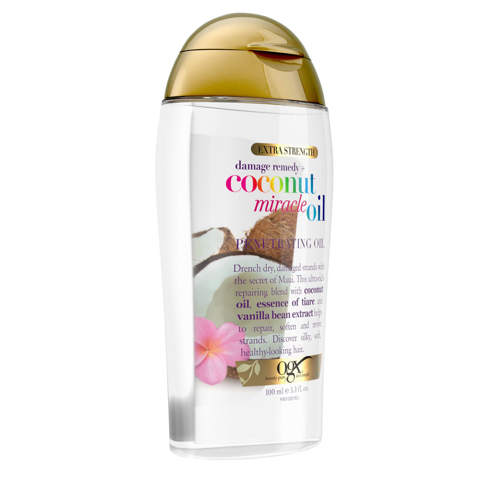 OGX Remedio de Daño - aroma coco y vainilla, sensación suave al peinar.