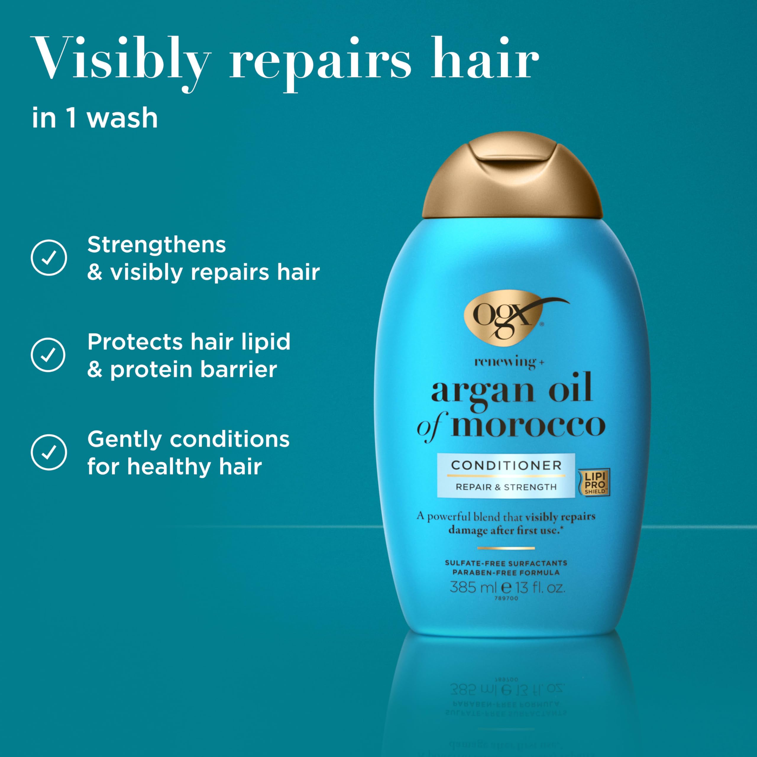 OGX Renewing Argan Oil of Morocco conditioner label close-up showing clean, sulfate-free formula