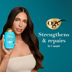 OGX Renewing Argan Oil of Morocco conditioner being poured for smooth, manageable hair